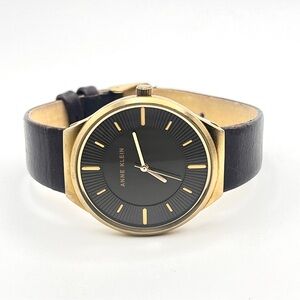 Anne Klein Watch Black Dial Gold Case Leather Strap New Battery